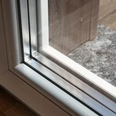 Detail of window frame with triple glazing