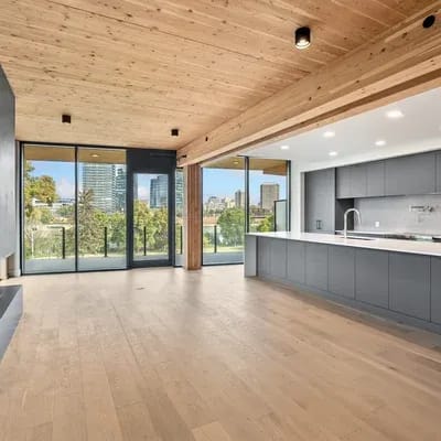 Large open living room with a fireplace and kitchen