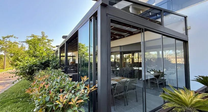 Decorative Glass Doors on a glazed terrace pergola